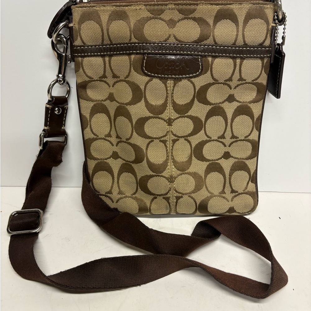 Coach Womens Signature Canvas Crossbody Bag in Khaki Brown Leather Trim - Picture 1 of 10